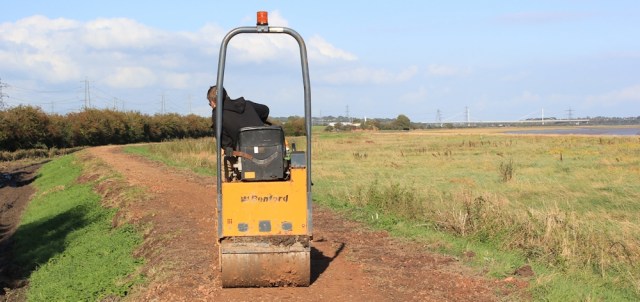 rolling the Wales Coast Path, Ruth approaching Portskewett