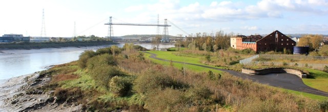 view from A48 bridge, Transporter Bridge, Ruth walking through Newport, Wales