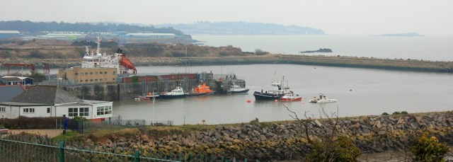 view over Barry Docks from Barry Island, Ruth walking in Wales