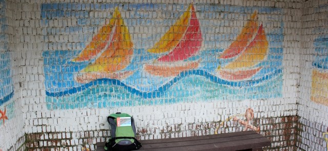  bus shelter, Port-Eynon, Ruth walking the Welsh coast