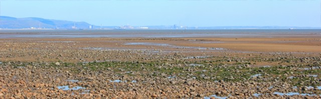 Ruth walking through Swansea Bay, Port Talbot in the distance