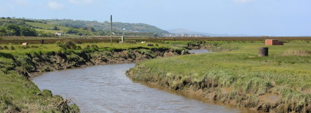  view across marshes to Pen-clawdd and Gower, Ruth hiking