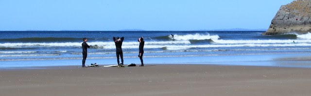 surfers, Rhossili Beach, Ruth walking around the coast