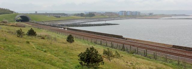 08 looking back at Llanelli Seaside, Ruth walking the coast in Wales