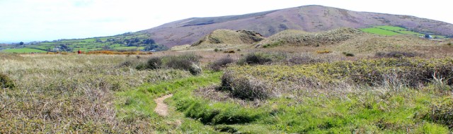 over sand-dunes, Llamadoc Hill in background, Ruth walking in Wales