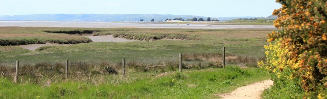 a03 footpath and view across Gwendreath Fach, Ruth hiking in Wales, Kidwelly