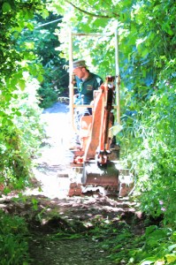 digger on path, Ruth in Laugharne
