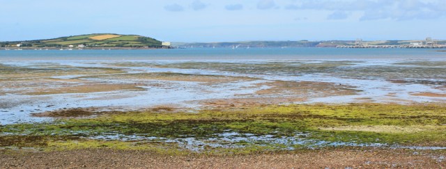  view across Angle Bay from Oil Refinery, Ruth walking Pembrokeshire Coast Path