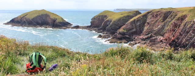  Sheep Island and St Ann's Head, Ruth walking the Pembrokeshire Coast Path
