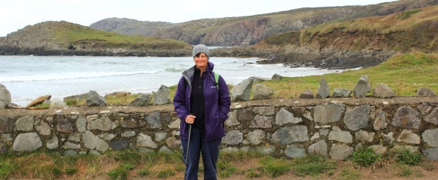 dull start, Whitesands Bay, Ruth walking the Wales Coast Path