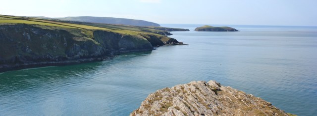 14 view west from Foel-y-Mwnt, Ruth hiking through Wales