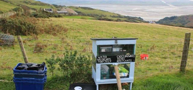 27 refreshment stop, above Aberdyfi, Ruth walking the Wales Coast Path