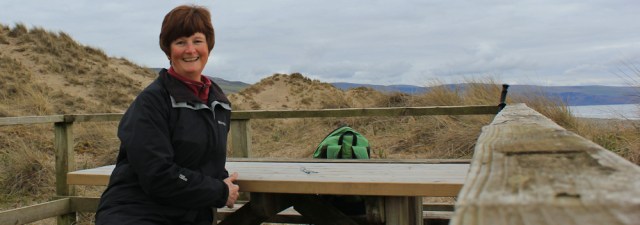 Ruth happy, hiking the Wales Coast Path