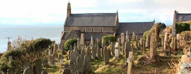 30 Llanber church, Ruth walking the Wales Coast Path, Barmouth Bay
