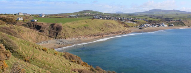 03 looking back to Aberdaron, Ruth walking the Llyn Coastal Path