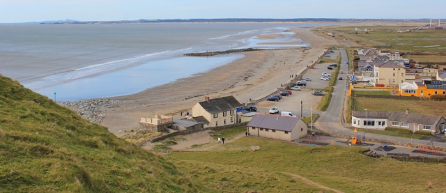 28 view down fromDinas Dinlle across Morfa Dinlle, Ruth walking the Welsh coast