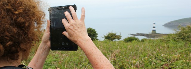 05 photo oportunities, Trwyn Du lighthouse, Ruth and Lyn walking the coast