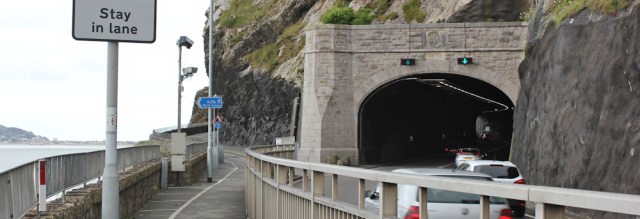 18 cycle route near tunnel, Ruth trekking towards Conwy