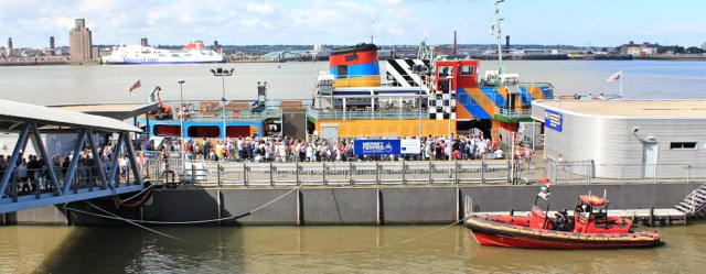 06 queues for the Dazzle Ferry over the Mersey, Ruth's coastal walk
