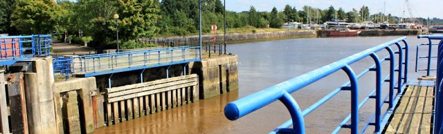 06 swing bridge, Docklands, Ruth walking through Preston