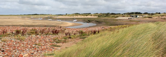 15 Hightown boat yard, Ruth hiking the Sefton Coast Path