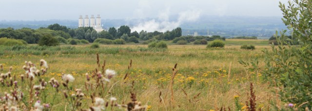 16 over the fields to Flint Power Station, Ruth hiking the Wirral