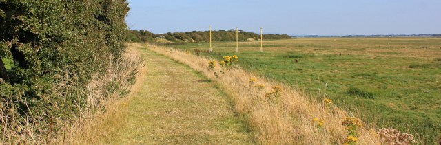 42 path along the marsh bank, Ruth hiking along the Ribble Estuary