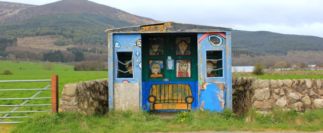 11 bus shelter, Ruth walking in Dumfries and Galloway