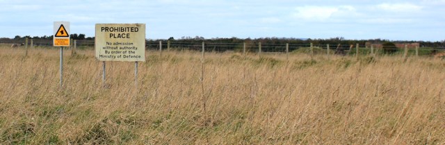 14 MOD signs, Ruth walking the coast, Eastrigg