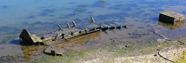 05 old wreck, Drummore, Ruth walking the Mull of Galloway Trail, Scotland