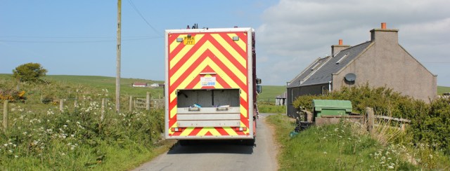 18 recycling lorry, Ruth hiking through The Rhins, Galloway, Scotland