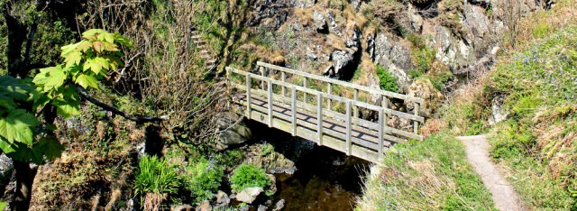 40 bridge to Dunskey Castle, Ruth hiking to Portpatrick, Galloway, Scotland