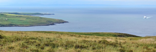 09 mouth of Loch Ryan and ferry from Ireland, Ruth hiking in Scotland, Ayrshire Coastal Path