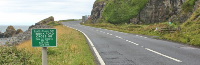 27 Trunk Road Crossing, Pinbain Hill, Ruth walking the Ayrshire Coastal Path, Scotland