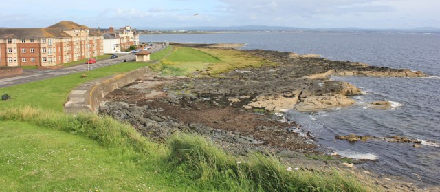 59 looking back at Troon, Ruth hiking the Ayrshire Coastal Path