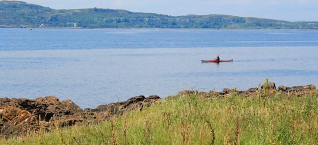 22 canooist and Little Cumbrae Island, Ruth hiking the Ayrshire Coastal Path, Scotland