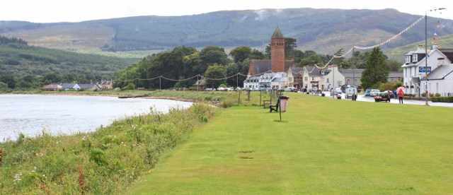 22 seafront at Lamlash, Ruth walking the Arran Coastal Way