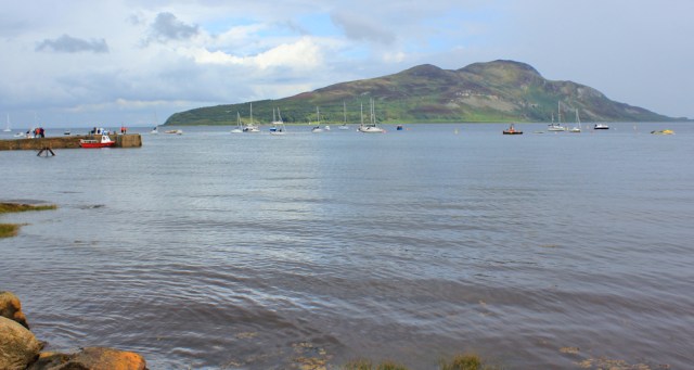 24 Holy Island from Lamash Bay, Ruth hiking the Arran Coastal Way, Scotland