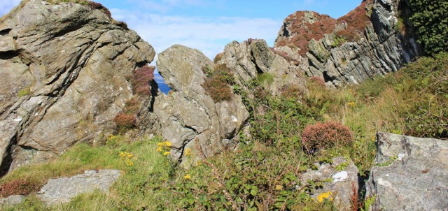04 rugged path, Imachar Point, Ruth hiking around the coast of Arran