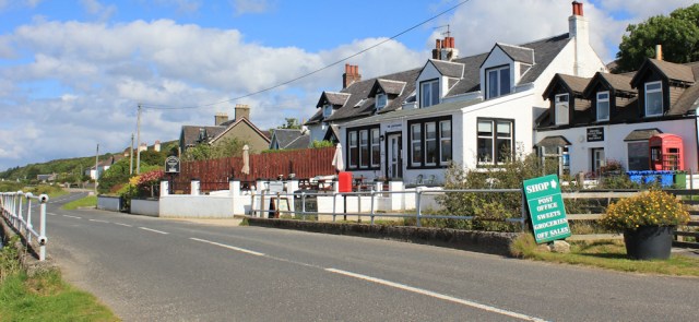 17 Pirnmill shop, Ruth hiking in Arran