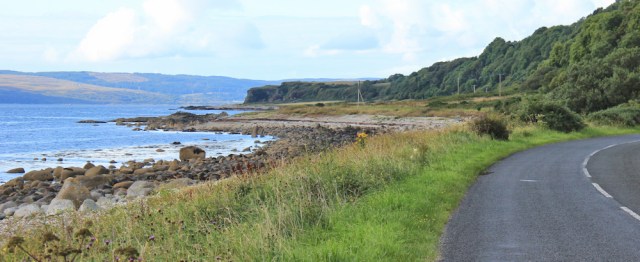 35 uninspiring road to Imachar, Ruth hiking the Arran Coastal Way