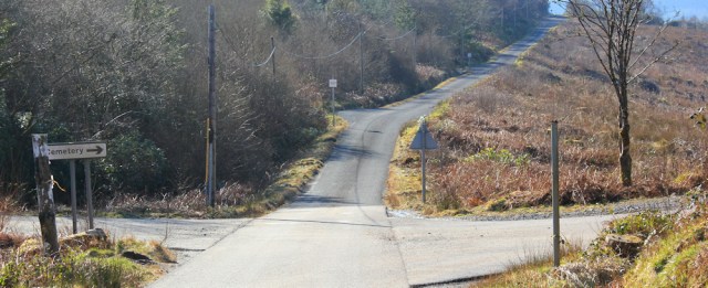 14 crossroads to Cemetery, Ruth hiking on Kintyre