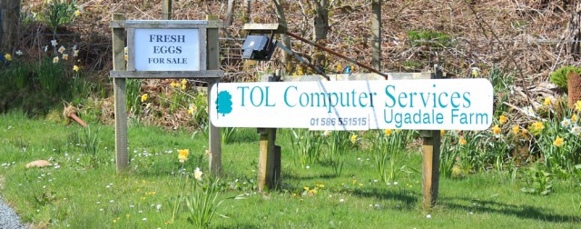 21 fresh eggs and computer services, Ruth hiking through Ugdale, Kintyre Peninsula