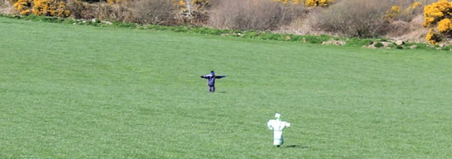 27 black and white scarecrows, Ruths walking the Kintyre coast