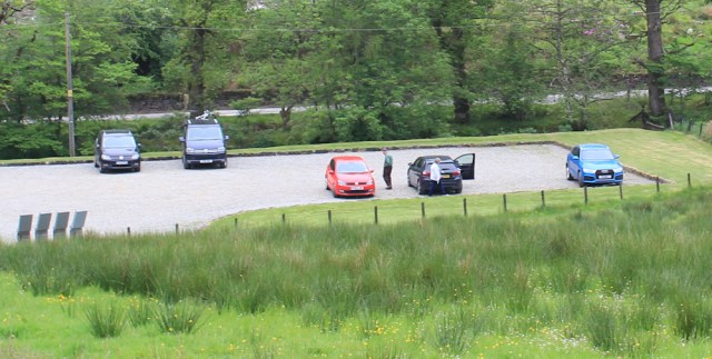 63 car park, Carnassarie Castle, Ruth walking in Argyll