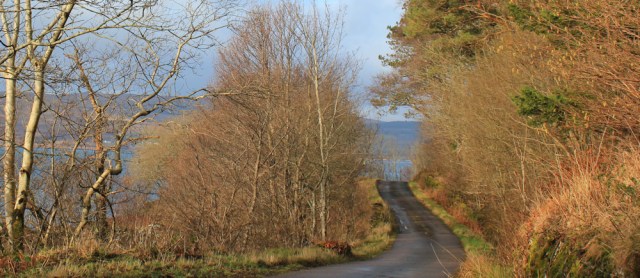 06 winding road to Drimnin, Ruth hiking the coast of Morvern Peninsula
