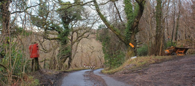 09 post boxes and machinery, Ruth hiking the coast of Morvern Peninsula