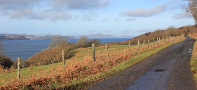 14 Tobermory across the Sound of Mull, Ruth hiking the coast of Morvern Peninsula