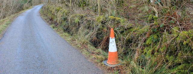 20 roadside cone, Ruth hiking the coast of Morvern Peninsula