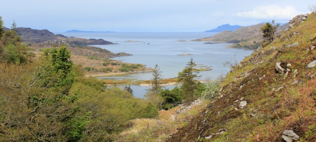 02 view across South Channel, Loch Moidart, Ruth walking Castle Tioram